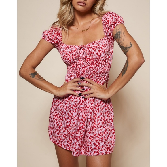 Motel Rocks Dresses & Skirts - Motel Rocks Galova Pastel Peach Pink & Red Ditsy Butterfly Print Mini Dress